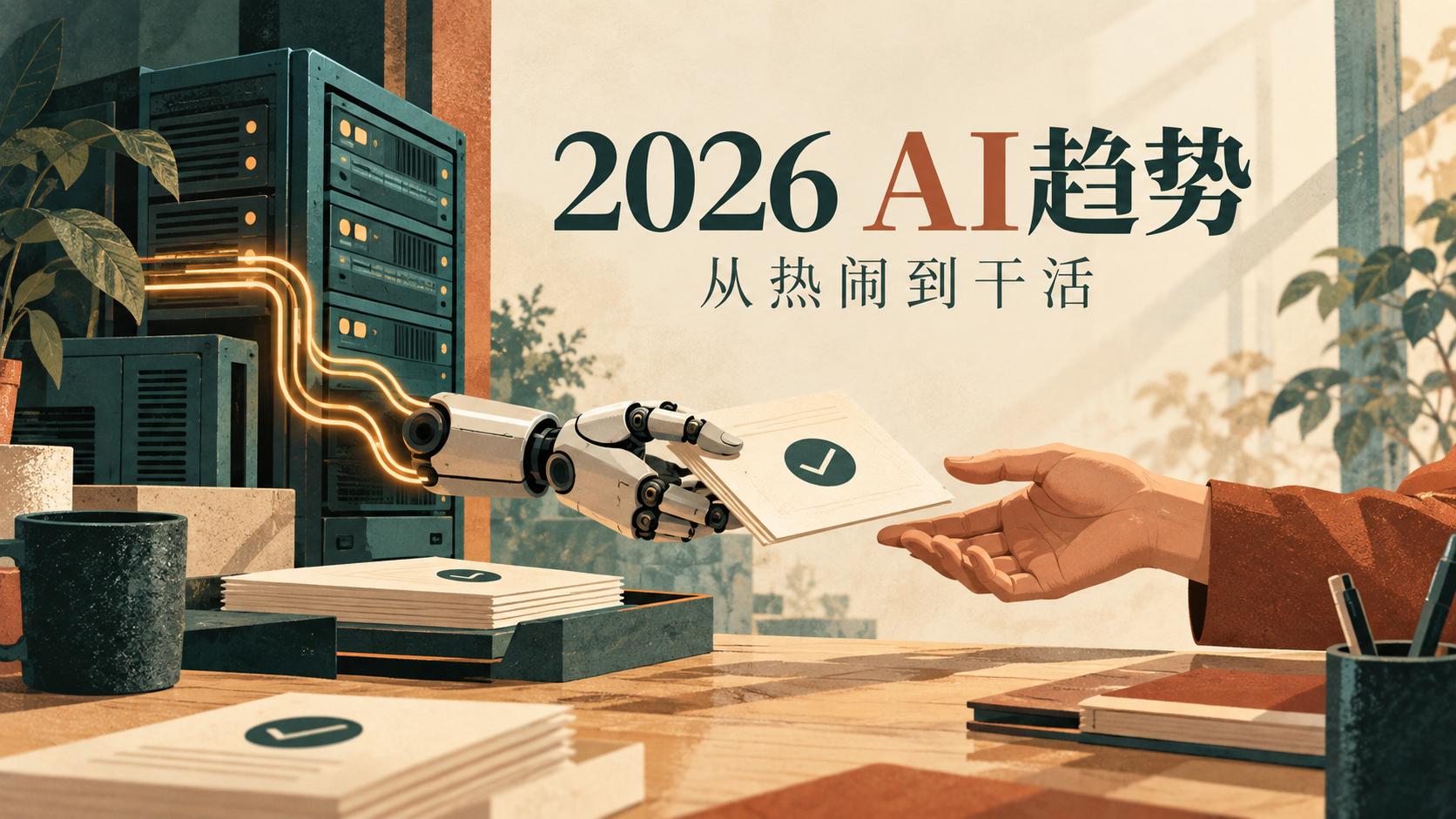 机械手交出文件，旁边有服务器和电力连线；2026年AI趋势报告概念插画