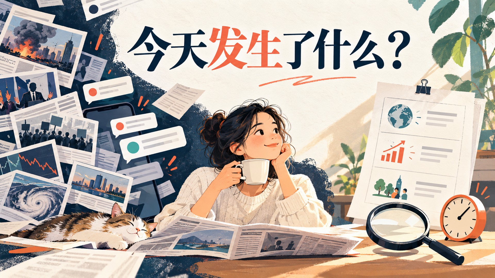 今天发生了什么？读者从杂乱通知中转向简洁新闻概况的AI辅助概念插画